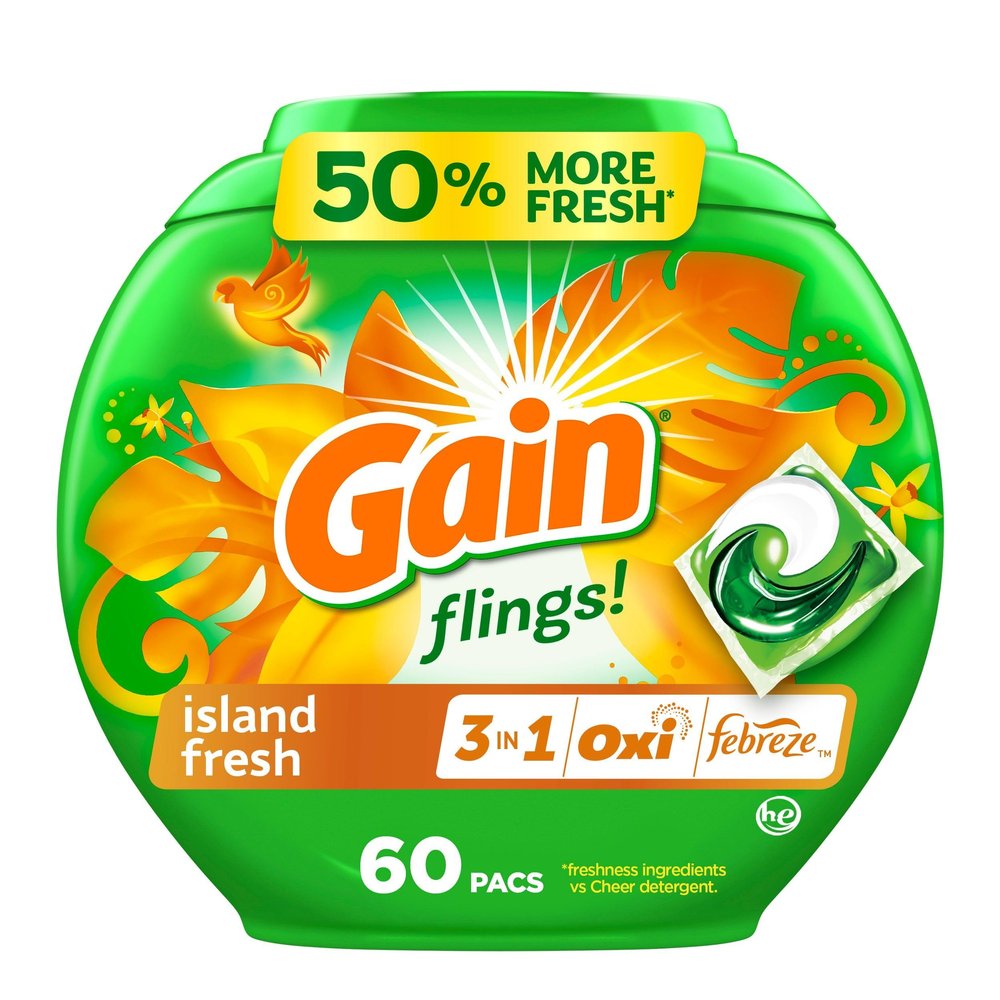 Gain Flings Laundry Detergent Pacs, 60 Count, Island Fresh Scent, with Odor Defense, concentrated laundry soap pacs