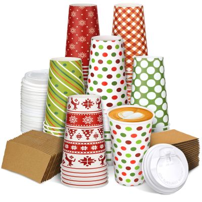 Dingion 30 Sets Christmas Disposable Coffee Cups with Lids and Sleeves 16 oz Xmas Paper Cups Holiday Hot Cocoa Chocolate Bar Supplies for Christmas Holiday Winter Party