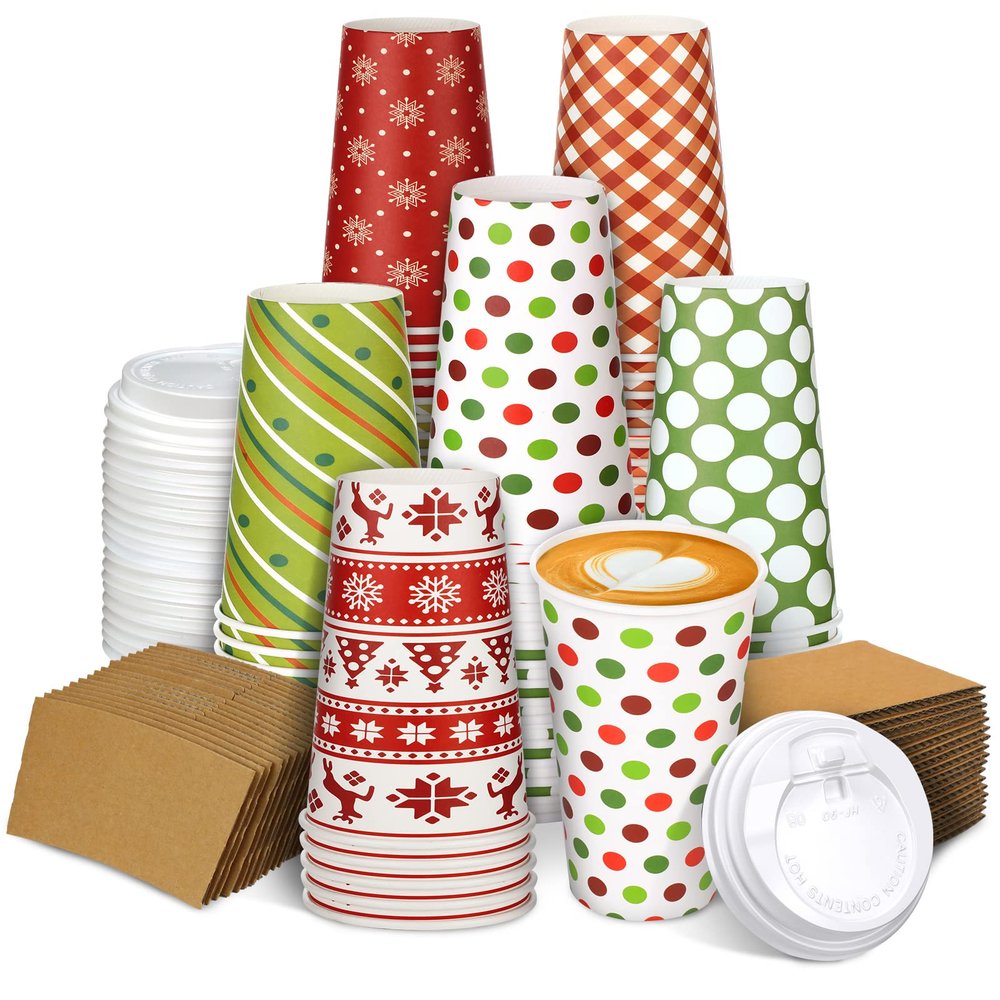 Dingion 30 Sets Christmas Disposable Coffee Cups with Lids and Sleeves 16 oz Xmas Paper Cups Holiday Hot Cocoa Chocolate Bar Supplies for Christmas Holiday Winter Party