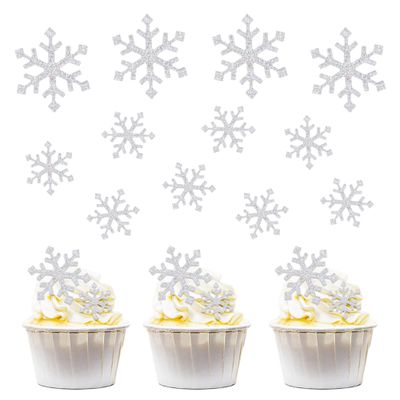 Ercadio 15pcs Snowflake Cupcake Toppers Acrylic Silver Glitter Winter Frozen Theme Picks Shiny Cupcake topper Snowflake Cake Decors Baby Shower Christmas Party Decoration Supplies