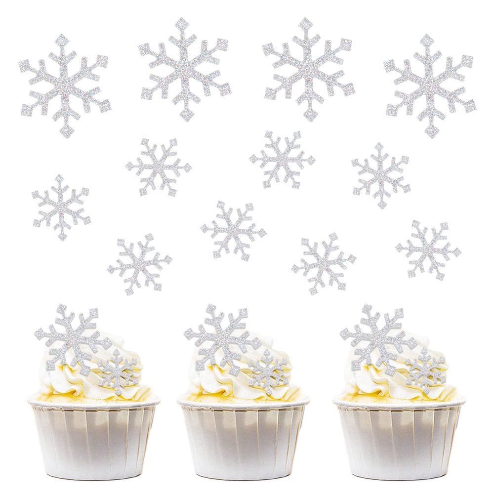 Ercadio 15pcs Snowflake Cupcake Toppers Acrylic Silver Glitter Winter Frozen Theme Picks Shiny Cupcake topper Snowflake Cake Decors Baby Shower Christmas Party Decoration Supplies