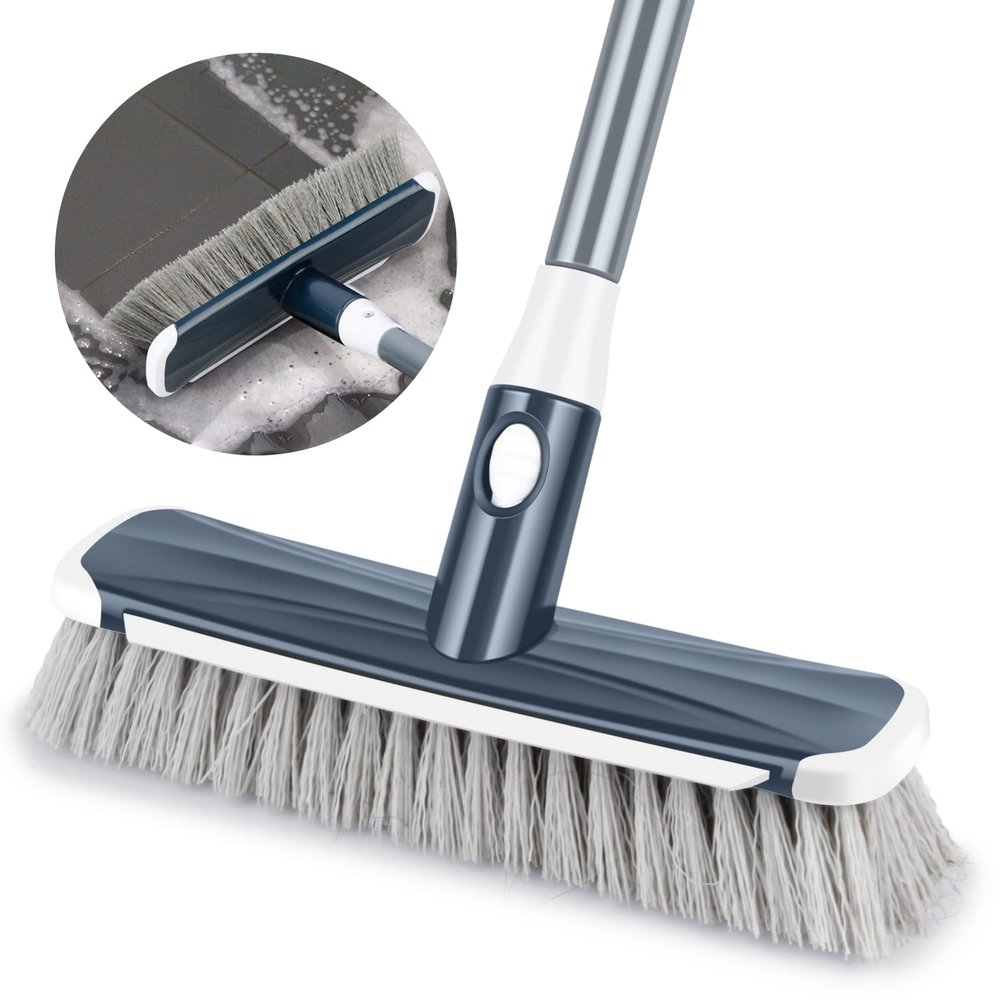 Floor Scrubber with Long Handle, 2 in 1 Scrubbing Brush Stiff Bristle Shower Cleaning Brush for Bathroom, Kitchen, Tub, Carpet, Grout, Tile(Gray)