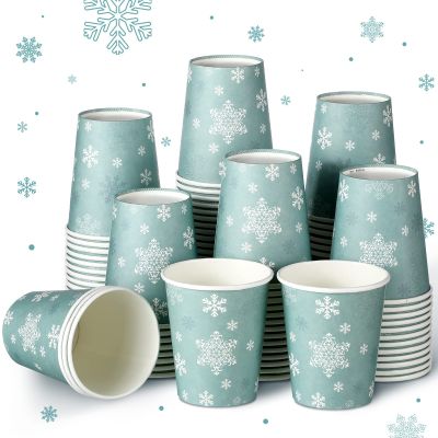 100 Pcs 9oz Christmas Snowflake Paper Cups Disposable Hot Coffee Cups Paper for Christmas Winter Birthday Party Supplies