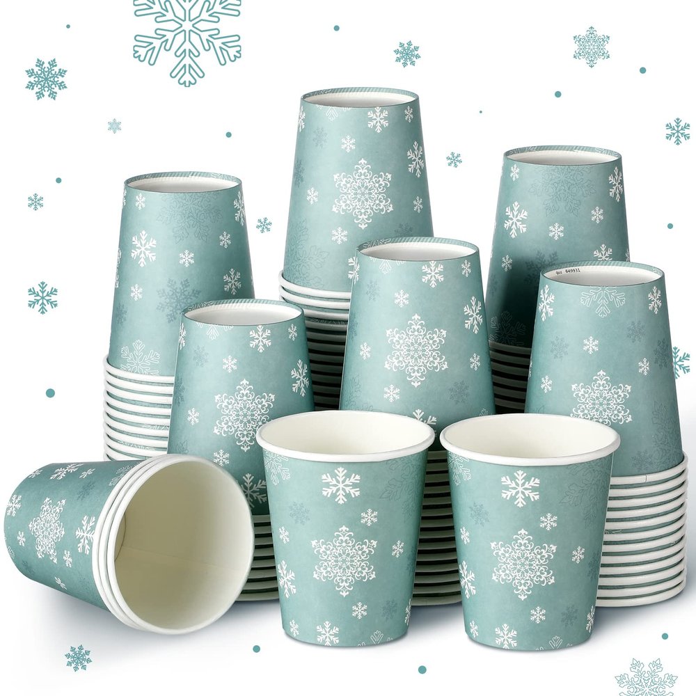 100 Pcs 9oz Christmas Snowflake Paper Cups Disposable Hot Coffee Cups Paper for Christmas Winter Birthday Party Supplies