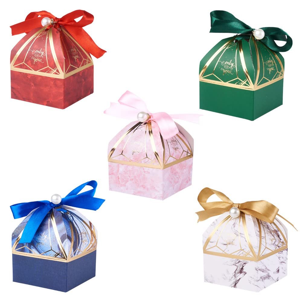 Pandahall 30 Sets Gift Treat Boxes with Ribbons Pearls 5 Style Tower Shape Wedding Party Favor Boxes for Christmas Gifts Wrapping Bridesmaid Proposal Bridal Shower Boxes 2.7x2.7x3.5