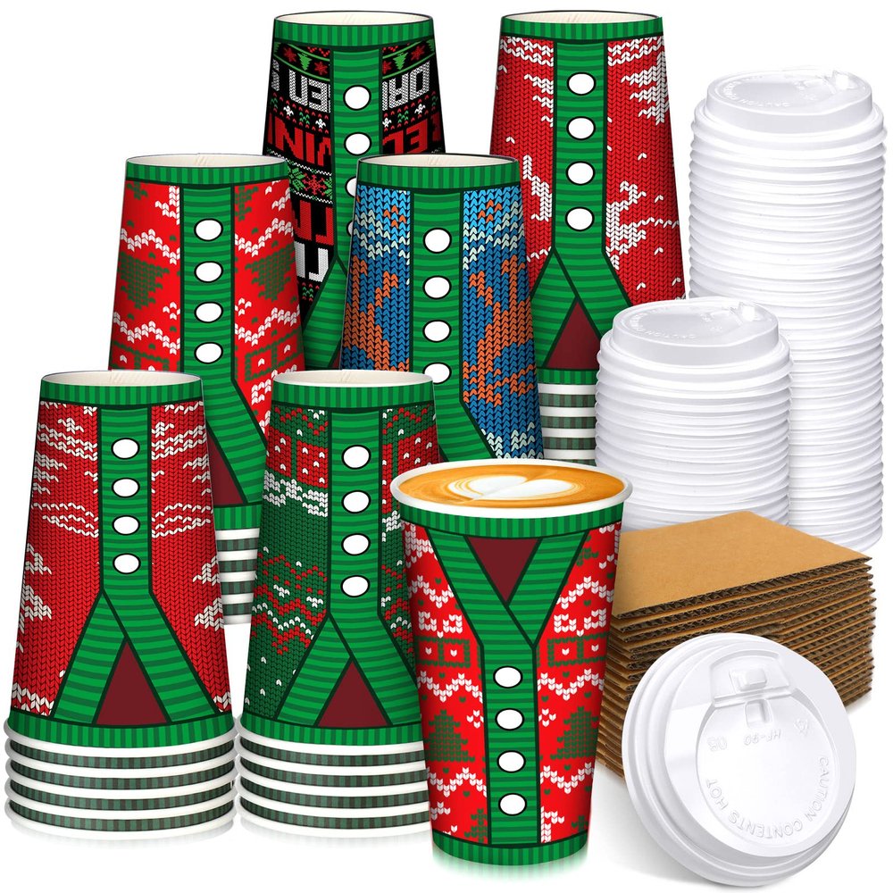Dingion 30 Sets Christmas Paper Coffee Cups with Lids and Sleeves 16 oz Holiday Hot Disposable Cocoa Party Paper Cups for Hot Chocolate (Sweater)