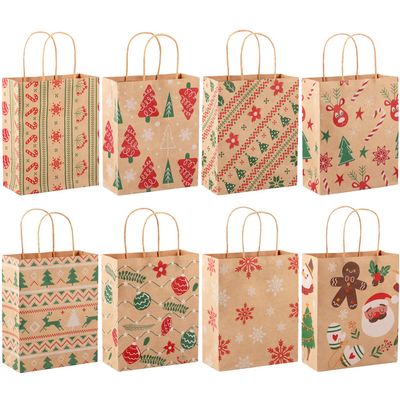 24pcs Christmas Kraft Gift Bags, Christmas Paper Bags with Handles for Gifts Sweets Party Supplies Decor, Medium Assorted Christmas Goody Treat Candy Bags with 8 Designs, 9" x 7.3" x 3.3"