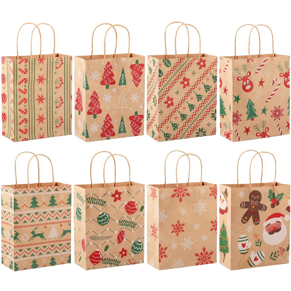 24pcs Christmas Kraft Gift Bags, Christmas Paper Bags with Handles for Gifts Sweets Party Supplies Decor, Medium Assorted Christmas Goody Treat Candy Bags with 8 Designs, 9" x 7.3" x 3.3"