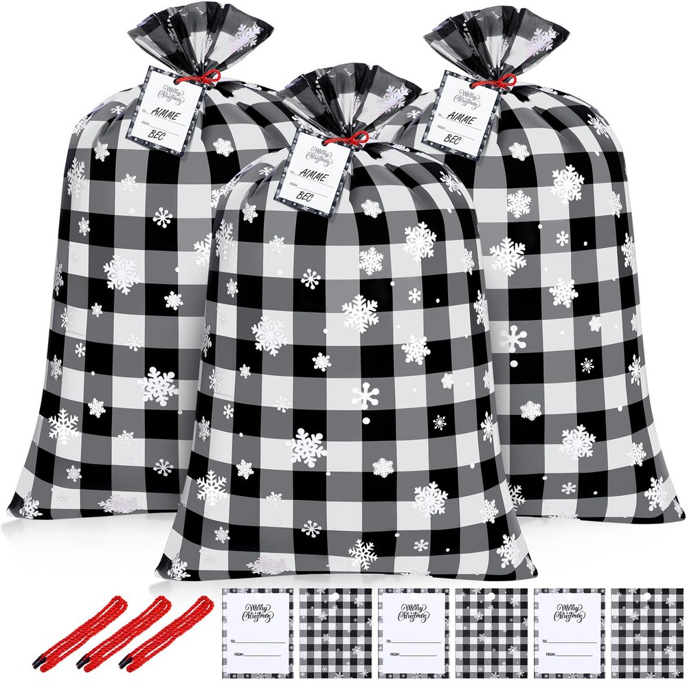 3 Pcs Jumbo Christmas Gift Bags 56'' Extra Large Plastic Christmas Sacks Bags Xmas Giant Gift Bag with Name Tag Card and String for Holiday Wrapping(Black White,Plaid)