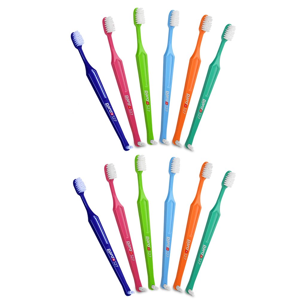Paro S27 Toothbrush | Small Brush Head with Soft Bristles and Short Handle with Exchangeable Inter Space F | 27 Tufts | 12 Pack