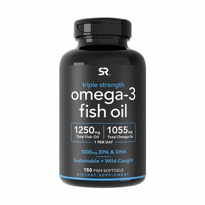 Sports Research Triple Strength Omega 3 Fish Oil - Burpless Fish Oil Supplement w/EPA & DHA Fatty Acids from Wild Caught Fish - Heart, Brain & Immune Support for Men & Women - 1250 mg, 150 ct