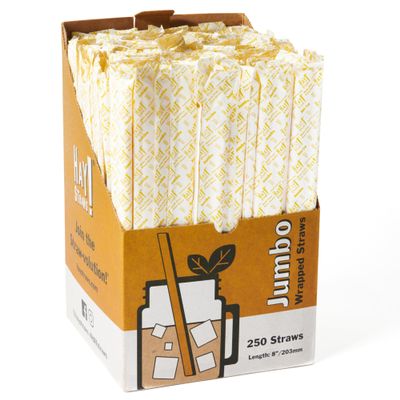 HAY Compostable Drinking Wrapped Straws 8 Inch Jumbo for Smoothies Milkshake Iced Coffee - 250 Count Biodegradable Never Soggy Plant Based Disposable Eco Friendly - Plastic Free Natural Tall Straws