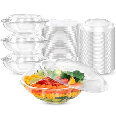 Fit Meal Prep 100 Pack 64 oz Disposable Plastic Clear Salad Bowls with Airtight Lids - To Go for Lunch, Takeout, Party, Catering, Picnic