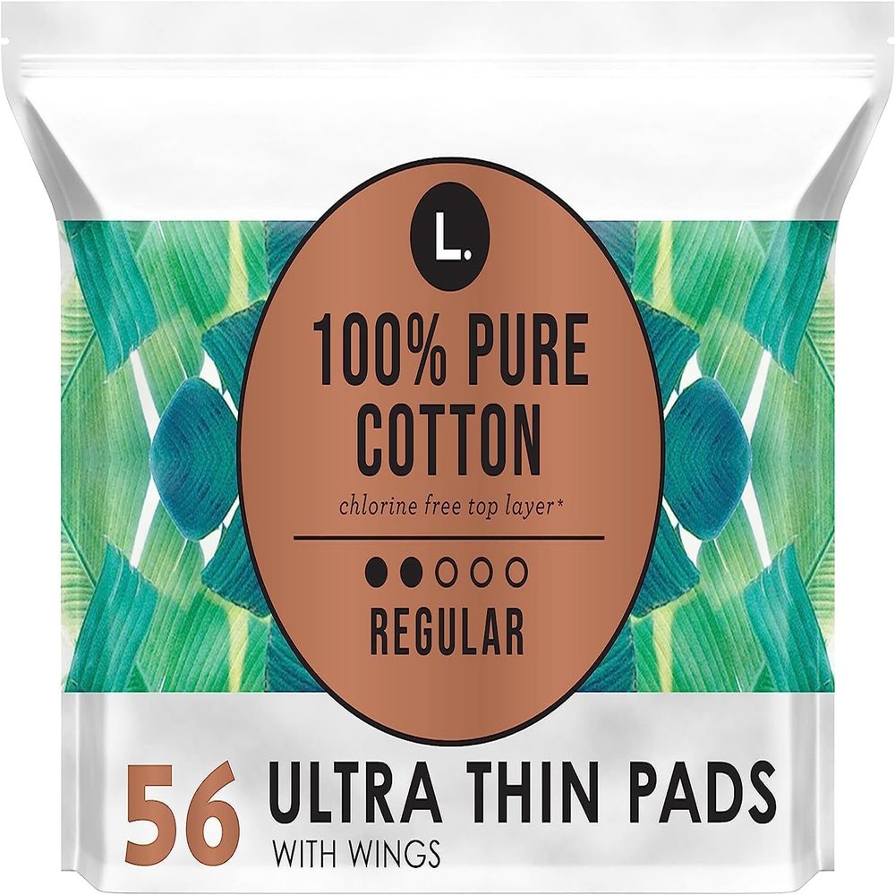 L. Ultra Thin Pads for Women, Regular Absorbency, 100% Pure Cotton Top Layer, Unscented Pads with Wings, 56 Count Total