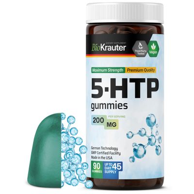 BIO KRAUTER 5 HTP Supplement Gummies - 200 mg Strength - 90 Vegan Chews - Relaxation Support 5HTP Plus L Tryptophan Supplement - Pectin Based Formula