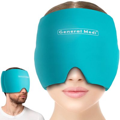 General Medi Headache & Migraine Ice Wrap Cap, Cold Therapy Migraine Relief Hat, Headache Ice Hat Cold Compress, Great for Puffy Eyes, Tension, Sinus & Stress Relief (Blue)