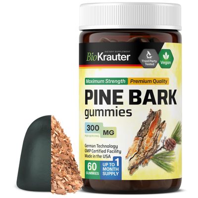 BIO KRAUTER Pine Bark Extract Gummies - 300 mg Strength - 60 Vegan Chews - French Maritime Pine Bark Extract - Antioxidant Supplement - 95% Proanthocyanidins - Pectin-Based Formula