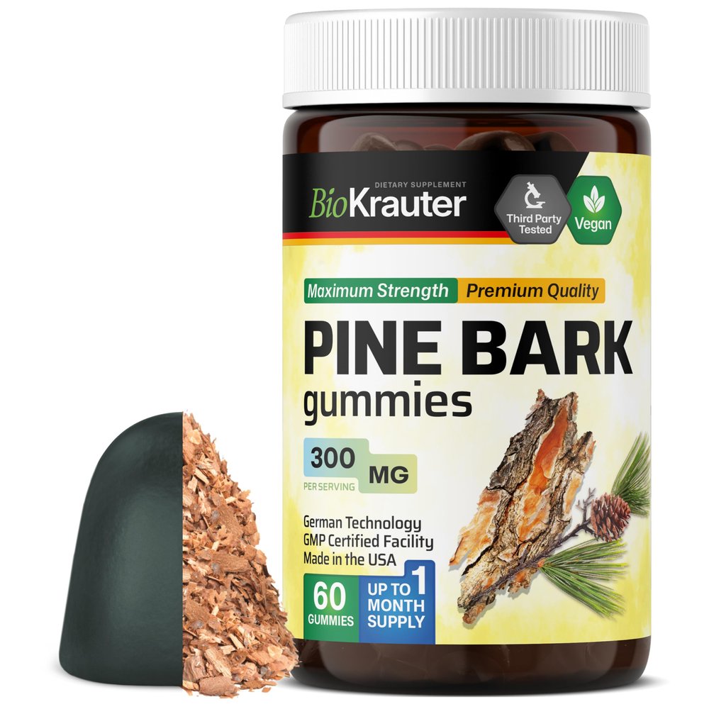 BIO KRAUTER Pine Bark Extract Gummies - 300 mg Strength - 60 Vegan Chews - French Maritime Pine Bark Extract - Antioxidant Supplement - 95% Proanthocyanidins - Pectin-Based Formula