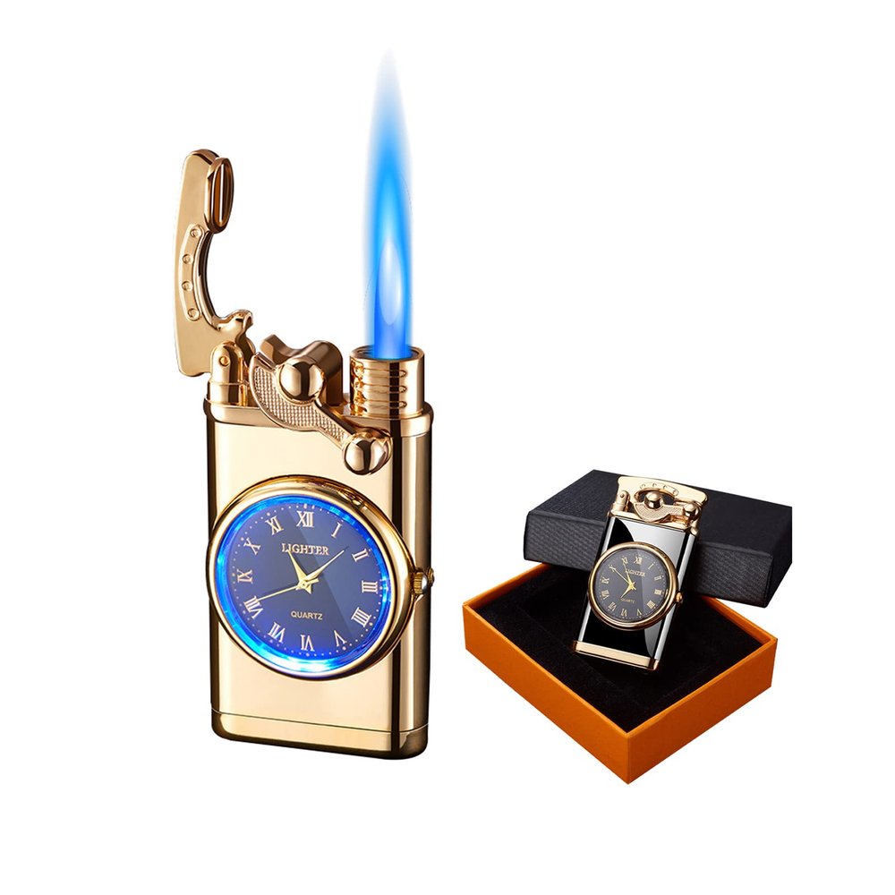 Amposei 2022 Creative Dial Rocker Arm Inflatable Lighter With Electric Watch, Windproof Portable Candle Lighter for Cooking BBQs, Pocket Torch Gift Box, Best Boyfriend Gifts (Gold)