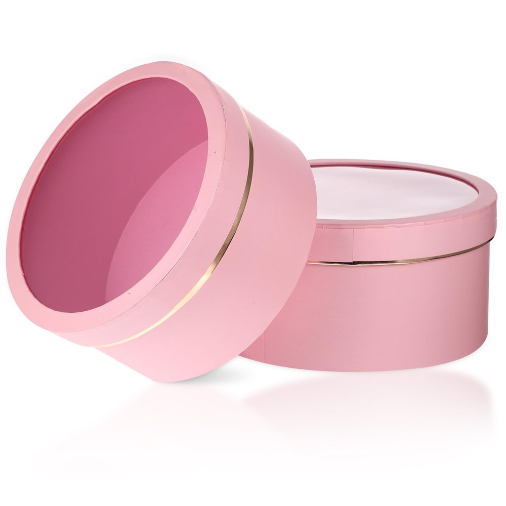 Abaodam 2pcs Round Present Boxes with Clear Lid Nesting Boxes Arrangement Box Candy Container Wrap Supplies for Wedding Valentine Pink