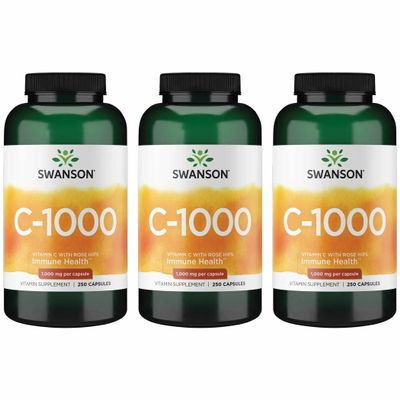 Swanson Vitamin C with Rose HIPS Immune System Support Skin Cardiovascular Health Antioxidant Supplement 1000 mg 250 Capsules (Caps) (3 Pack)