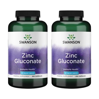 Swanson Zinc Gluconate - Mineral Supplement Promoting Prostate Health, Vision Health, & Immune Support - Gluconate Form for Optimal Absorption - (250 Capsules, 50mg Each) (2 Pack)