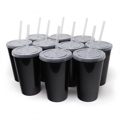 Rolling Sands 22 oz Reusable Plastic Cups with Lids, 10 Pack, USA Made Black Tumblers; Includes 10 Reusable Straws; Dishwasher Safe