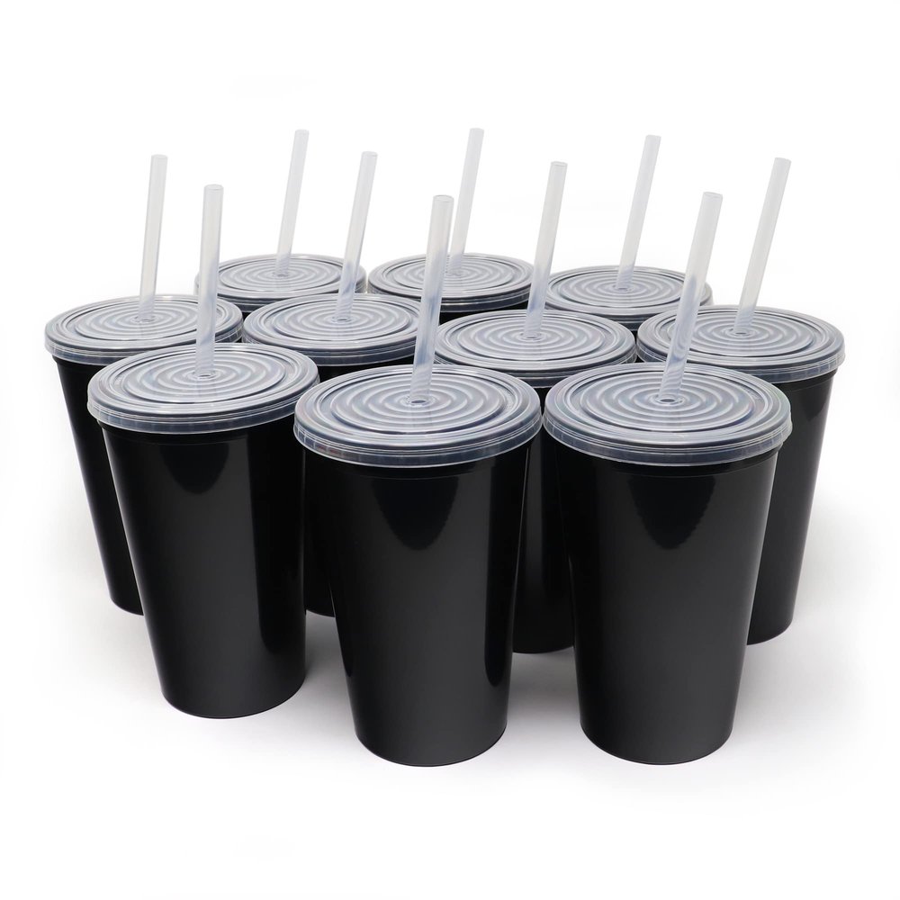Rolling Sands 22 oz Reusable Plastic Cups with Lids, 10 Pack, USA Made Black Tumblers; Includes 10 Reusable Straws; Dishwasher Safe