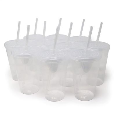 Rolling Sands 22 oz Reusable Plastic Cups with Lids, 10 Pack, USA Made Clear Tumblers; Includes 10 Reusable Straws; Dishwasher Safe
