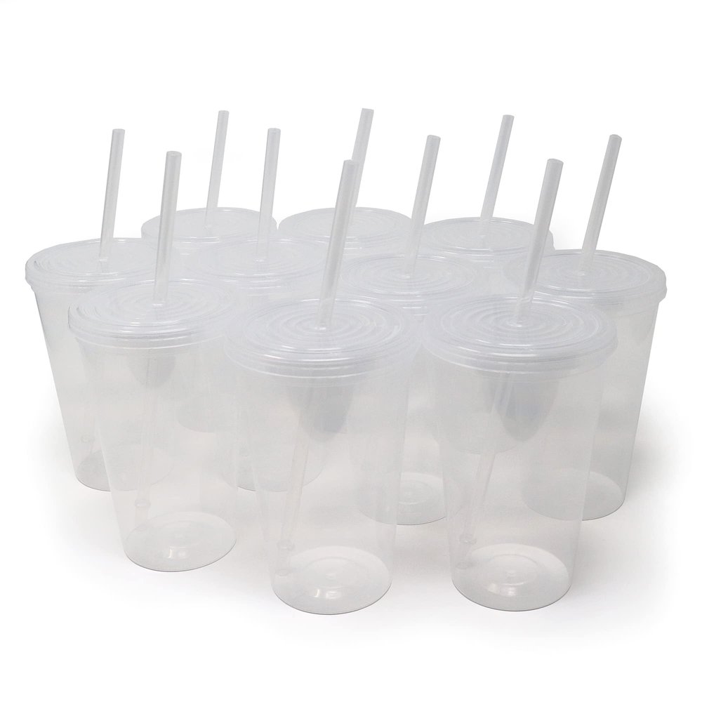 Rolling Sands 22 oz Reusable Plastic Cups with Lids, 10 Pack, USA Made Clear Tumblers; Includes 10 Reusable Straws; Dishwasher Safe
