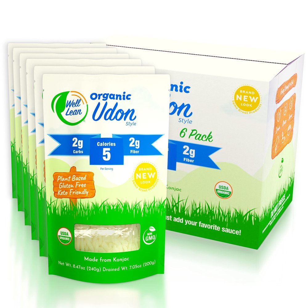 Well Lean Organic Udon, Premium Shirataki Konjac Udon, USDA Organic, 100% Plant Based, Keto Friendly, Zero Net Carb, Non-GMO, Ready to Eat, Low Calorie, Gluten Free, Vegan, Diet, 6 Pack, 57.1 oz