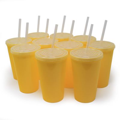 Rolling Sands 22 oz Reusable Plastic Cups with Lids, 10 Pack, USA Made Yellow Tumblers; Includes 10 Reusable Straws; Dishwasher Safe