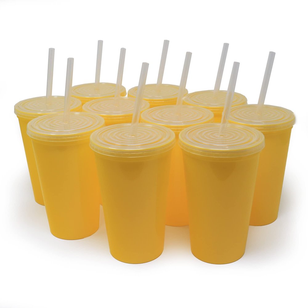Rolling Sands 22 oz Reusable Plastic Cups with Lids, 10 Pack, USA Made Yellow Tumblers; Includes 10 Reusable Straws; Dishwasher Safe