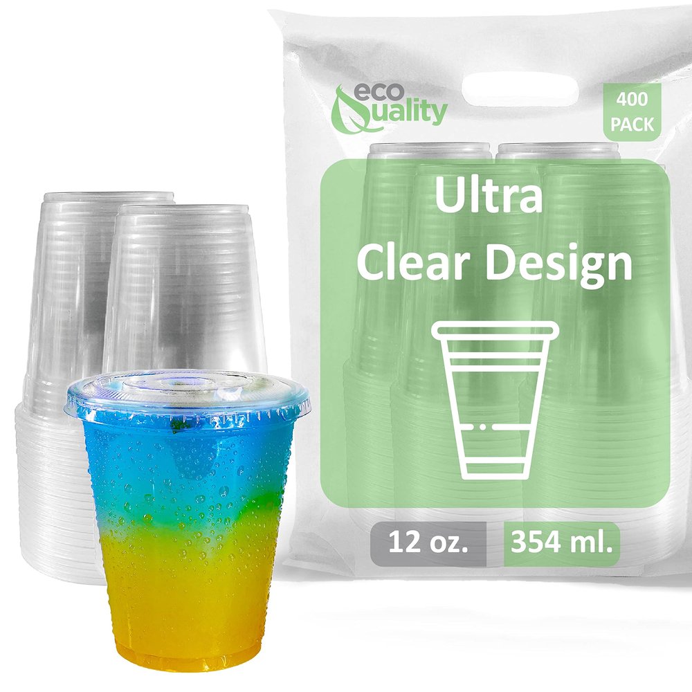 Iced Coffee Go Cups and Lids | Cold Smoothie | Plastic Cups with Lids | 12 oz Cups, 400 Pack | Clear Plastic Disposable Pet Cups | Ideal for Coffee, Parfait, Juice, Soda, Cocktail, Party Cups