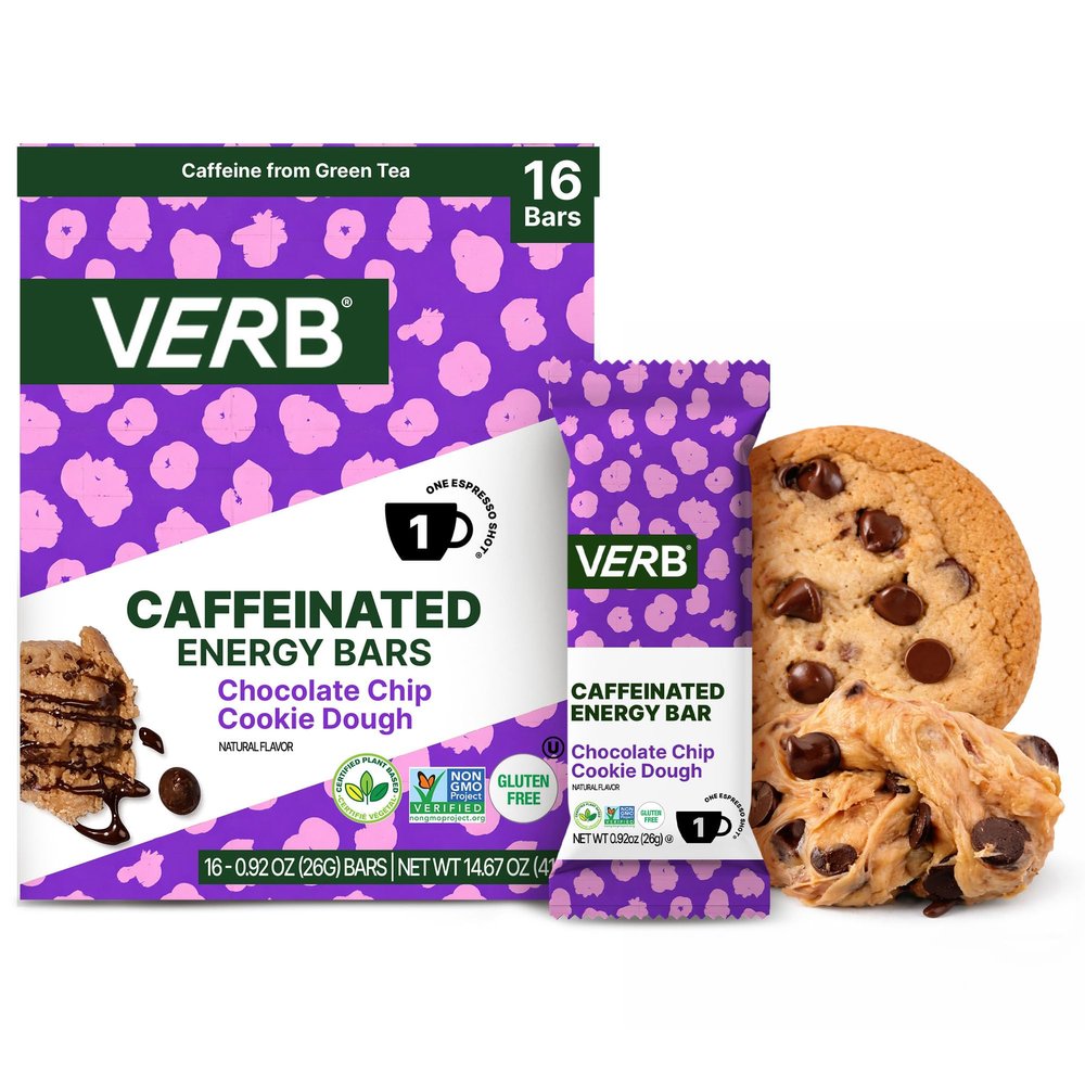 Verb Caffeinated Energy Bars Chocolate Chip Cookie Dough (26g, Pack of 16) 110-Calorie Delicious Energy Bar, Gluten Free On-the Go Snack with 80mg Green Tea Caffeine, Only Real-Food Ingredients