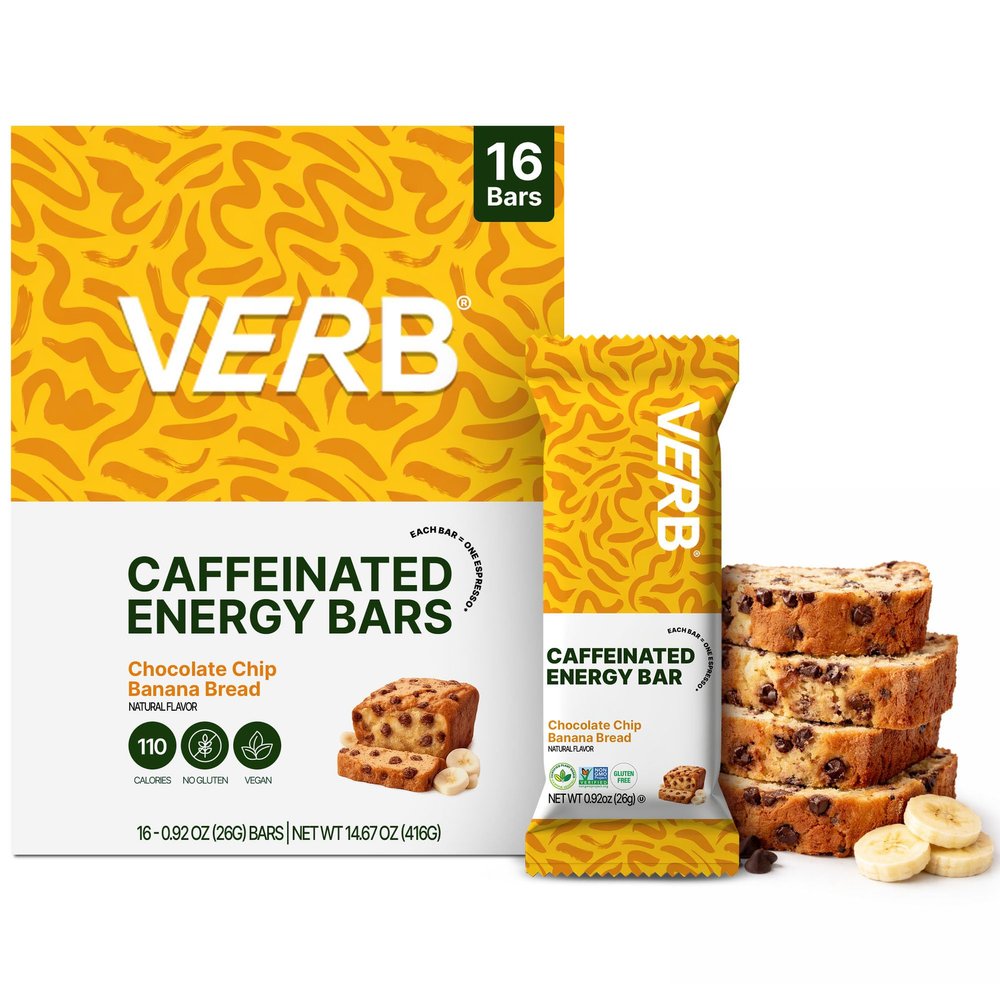 Verb Caffeinated Energy Bars Chocolate Chip Banana Bread (26g, Pack of 16) 110-Calorie Delicious Energy Bar, Gluten Free On-the Go Snack with 80mg Green Tea Caffeine, Only Real-Food Ingredients