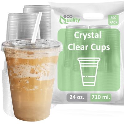 EcoQuality Clear Plastic Disposable Cups with Lids and Straws 500 count - 24 oz (ounces) Clear PET Cup for Smoothies, Protein Shakes, Bubble Tea, Iced Coffee, Boba, Fresh Juice, Meal Prep, Party Cup