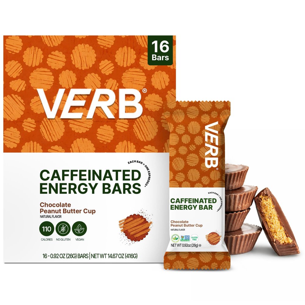 Verb Caffeinated Energy Bars Chocolate Peanut Butter Cup (26g, Pack of 16) 110-Calorie Delicious Energy Bar, Gluten Free On-the Go Snack with 80mg Green Tea Caffeine, Only Real-Food Ingredients