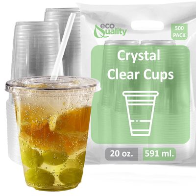 EcoQuality Clear Plastic Disposable Cups with Lids and Straws 500 count - 20 oz (ounces) Clear PET Cup for Smoothies, Protein Shakes, Bubble Tea, Iced Coffee, Boba, Fresh Juice, Meal Prep, Party Cup