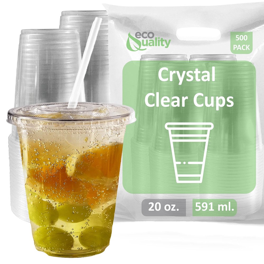 EcoQuality Clear Plastic Disposable Cups with Lids and Straws 500 count - 20 oz (ounces) Clear PET Cup for Smoothies, Protein Shakes, Bubble Tea, Iced Coffee, Boba, Fresh Juice, Meal Prep, Party Cup