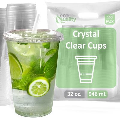 EcoQuality Clear Plastic Disposable Cups with Lids and Straws 150 count - 32 oz (ounces) Clear PET Cup for Smoothies, Protein Shakes, Bubble Tea, Iced Coffee, Boba, Fresh Juice, Meal Prep, Party Cup