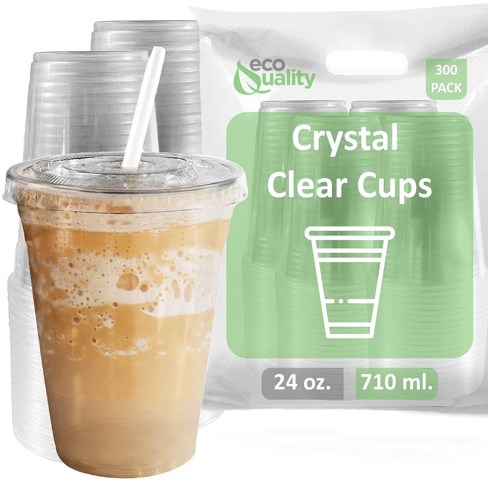 EcoQuality Clear Plastic Disposable Cups with Lids and Straws 300 count - 24 oz (ounces) Clear PET Cup for Smoothies, Protein Shakes, Bubble Tea, Iced Coffee, Boba, Fresh Juice, Meal Prep, Party Cup