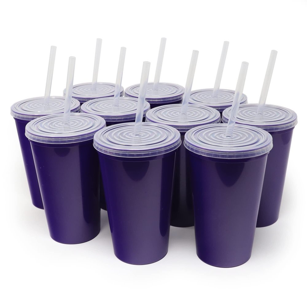 Rolling Sands 22 oz Reusable Plastic Cups with Lids, 10 Pack, USA Made Purple Tumblers; Includes 10 Reusable Straws; Dishwasher Safe