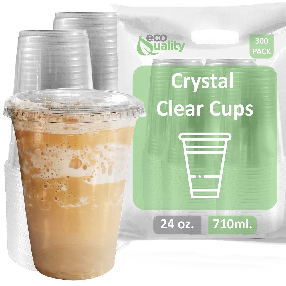 Iced Coffee Go Cups and Lids | Cold Smoothie | Plastic Cups with Lids | 24 oz Cups, 300 Pack | Clear Plastic Disposable Pet Cups | Ideal for Coffee, Parfait, Juice, Soda, Cocktail, Party Cups