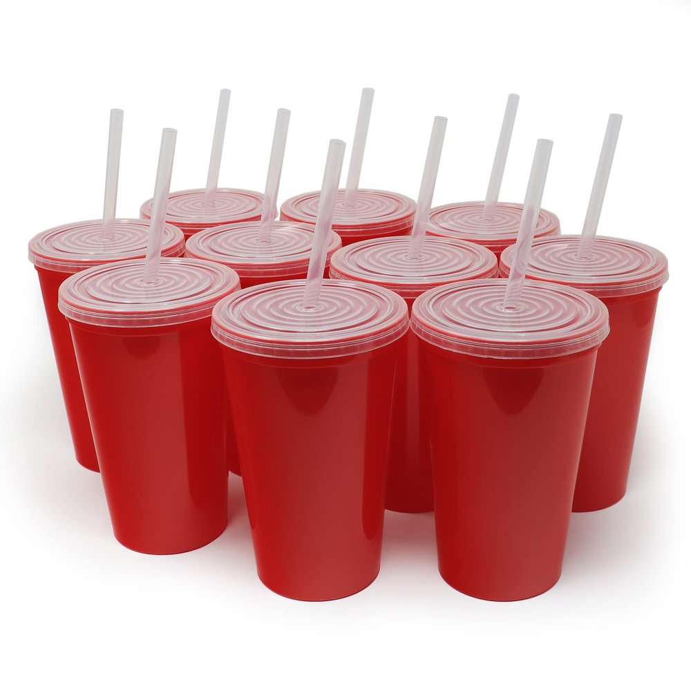 Rolling Sands 22 oz Reusable Plastic Cups with Lids, 10 Pack, USA Made Red Tumblers; Includes 10 Reusable Straws; Dishwasher Safe