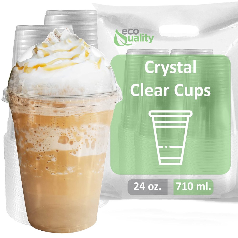 24 oz Cups, 600 Pack | Iced Coffee Go Cups and Dome Lids | Cold Smoothie | Plastic Cups with Dome Lids | Clear Plastic Disposable Pet Cup | Ideal for Coffee, Parfait, Juice, Soda, Cocktail, Party Cups
