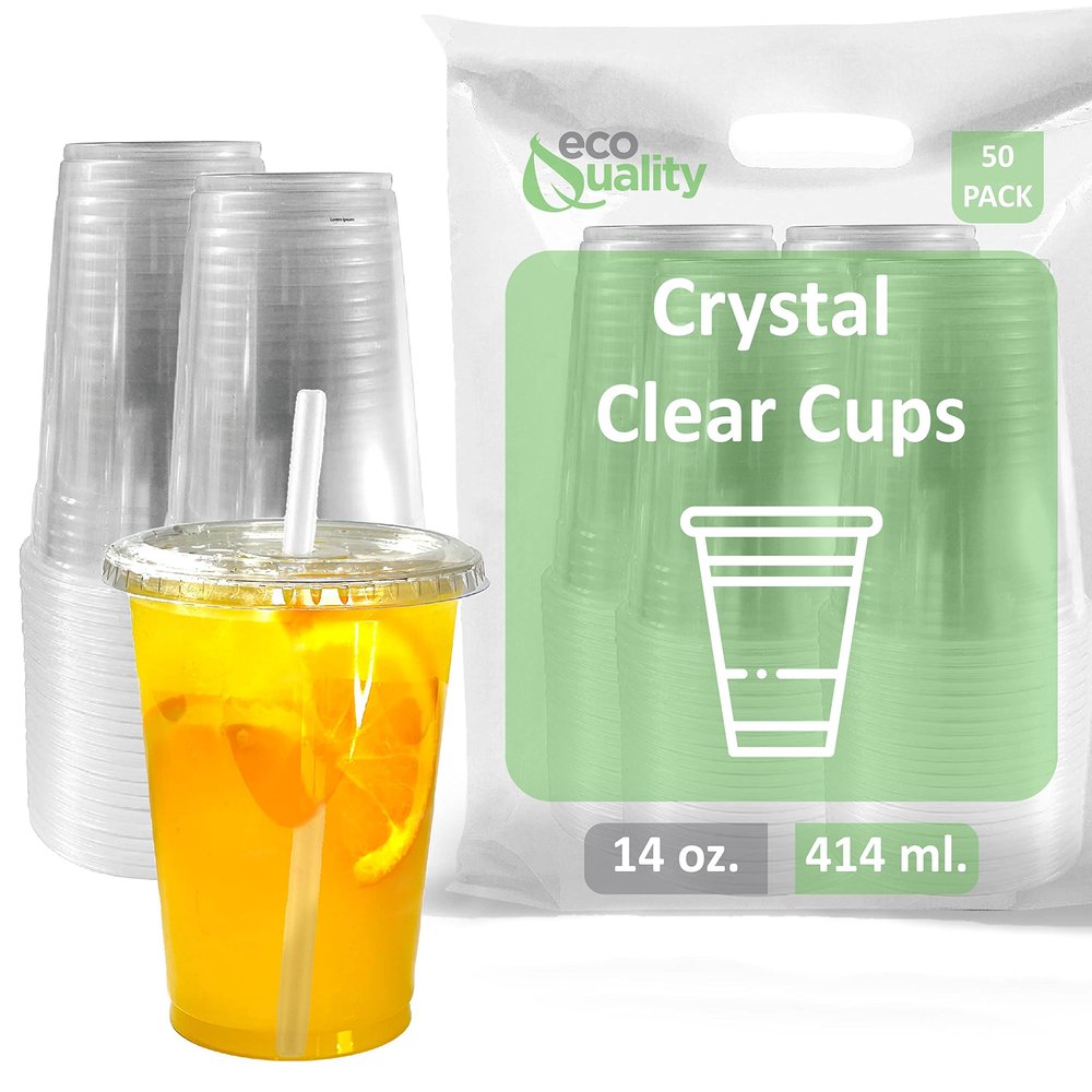 EcoQuality Clear Plastic Disposable Cups with Lids and Straws 50 count - 14 oz (ounces) Clear PET Cup for Smoothies, Protein Shakes, Bubble Tea, Iced Coffee, Boba, Fresh Juice, Meal Prep, Party Cup