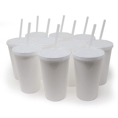 Rolling Sands 22oz Reusable Plastic Stadium White Cups with Lids, 10 Pack, USA Made; Plastic Tumblers and Lids, Includes 10 Reusable Straws; Top Shelf Dishwasher