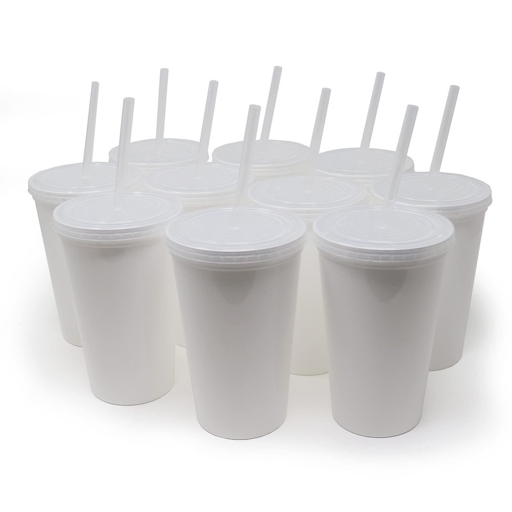 Rolling Sands 22oz Reusable Plastic Stadium White Cups with Lids, 10 Pack, USA Made; Plastic Tumblers and Lids, Includes 10 Reusable Straws; Top Shelf Dishwasher