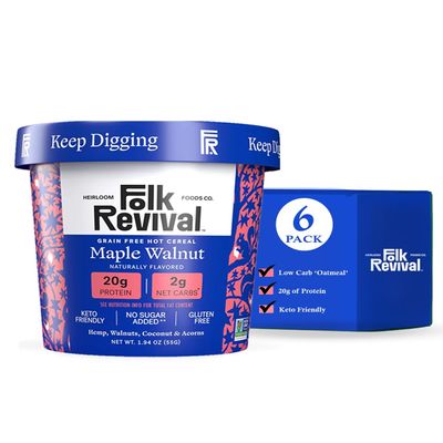 Folk Revival Maple Walnut Keto Instant 'Oatmeal' - 20g Protein, 2g Net Carbs, High Fiber, Non GMO, Gluten Free, Made with Acorns - 6 Cups Per Case